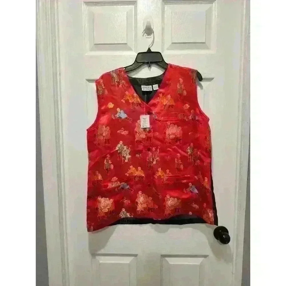 Chico's Design Asian Style Vest Bright Red All Over Print Button Front Size 3‎